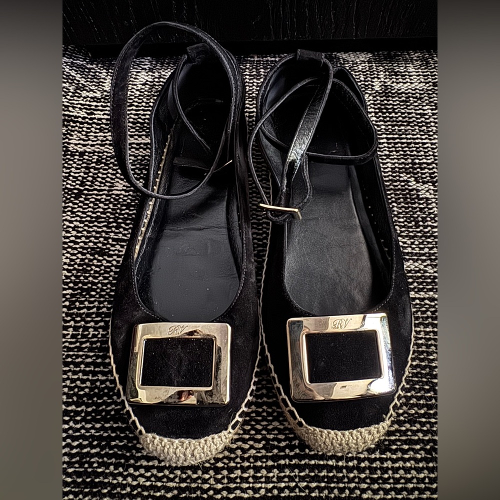 Roger Vivier Suede Double Ankle Wrap Espadrille Flats